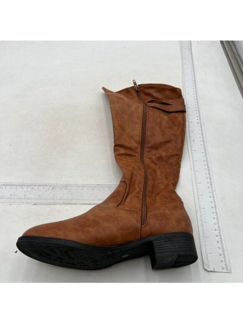 Knee High Boots Women Faux Leather Elastic Boots Low Heel Round Toe Boot Black